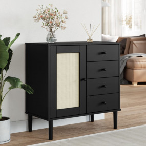 Sideboard Black Solid pine wood, engineered wood, poly ...