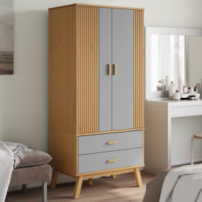 Wardrobe Grey and Brown Solid Pine Wood, Engineered Woo...