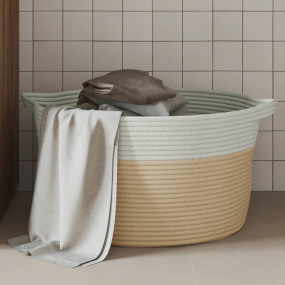 Storage Basket Beige and White Woven Cotton Ropes Folda...