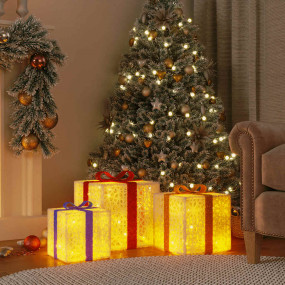 Lighted Christmas Box Set of 3 White, Red, Gold, Blue