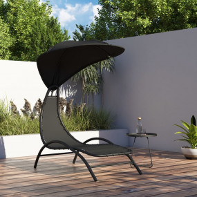 Sun Lounger With Canopy Black Textilene Fabric, Powder-...