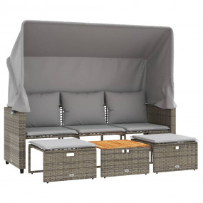 Garden Sofa Grey PE rattan 3-seater Retractable Outdoor...