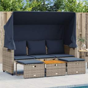 Patio Sofa Grey PE Rattan 3-Seater Retractable Canopy
