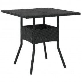 Garden Table Black Poly Rattan, tempered glass, powder-...
