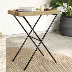 Folding Tray Table Beige Poly Rattan, Powder-Coated Ste...