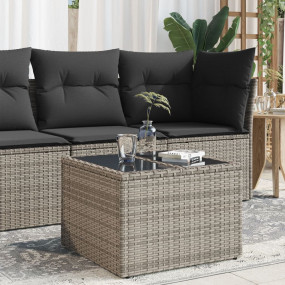 Garden Table Gray PE Rattan, Tempered Glass, Powder-Coa...