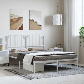 Bed Frame White Powder-Coated Steel King Bed Frame Rect...