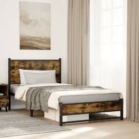 Bed Frame Smoked Oak Steel, Engineered Wood Single Mode...