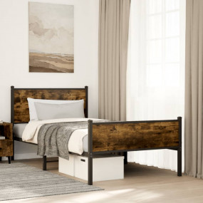 Bed Frame Smoked Oak Steel, Engineered Wood Twin Bed Fr...