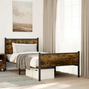 Bed Frame Smoked Oak Steel, Engineered Wood Twin Bed Fr...