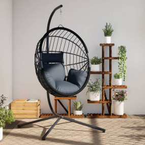 Hanging Egg Chair Anthracite, Black Steel, Rope, Rattan