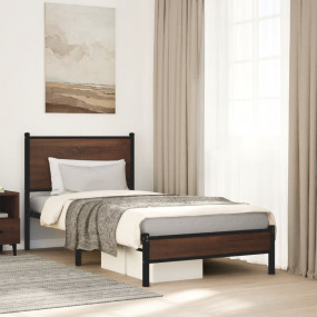 Bed Frame Brown Oak Steel, Engineered Wood Single Bed F...