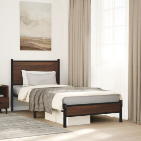 Bed Frame Brown Oak Steel, Engineered Wood Twin Bed Fra...