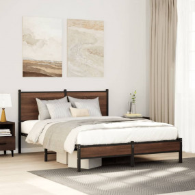 Bed Frame Brown Oak Steel, Engineered Wood Double Bed F...