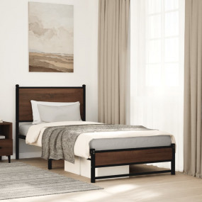 Bed Frame Brown Oak Steel, Engineered Wood Twin Bed Fra...