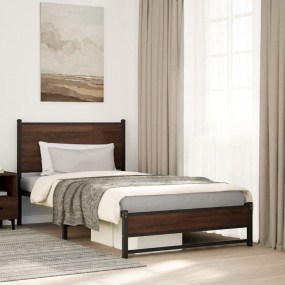 Bed Frame Brown Oak Steel, Engineered Wood Twin Bed Fra...