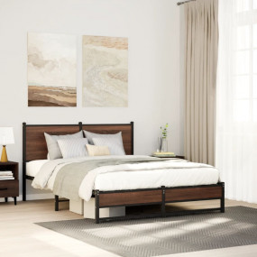 Bed Frame Brown oak Steel, Engineered wood Double Bed F...