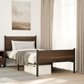 Bed Frame Brown Oak Steel, Engineered wood Twin Bed Fra...