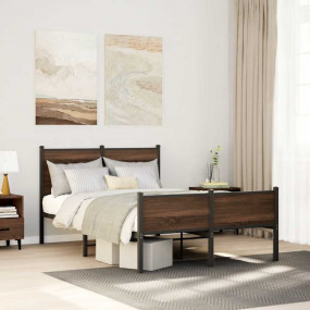 Bed Frame Brown oak Steel Full Bed Frame Rectangular Mo...