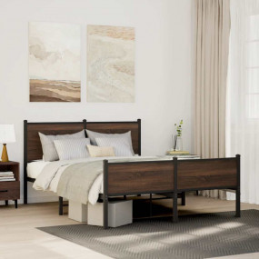 Bed Frame Brown Oak Steel, Engineered Wood Double bed s...