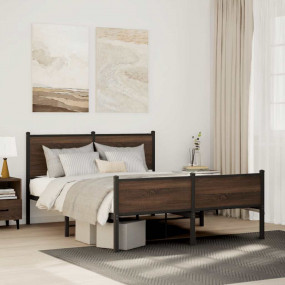 Bed Frame Brown Oak Steel, Engineered Wood Double Bed F...