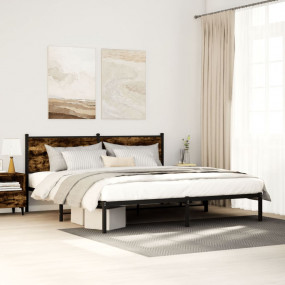 Bed Frame Smoked Oak Steel, Engineered Wood Double Bed ...