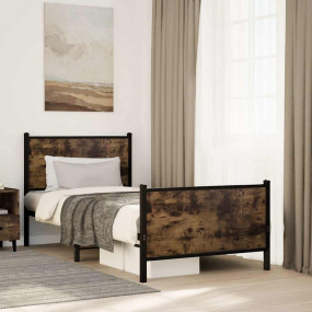 Bed Frame Smoked Oak Steel, engineered wood Twin Bed Fr...