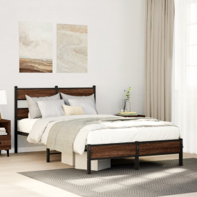 Bed Frame Brown Oak Steel, Engineered Wood Full Bed Fra...