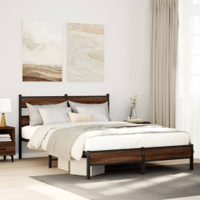 Bed Frame Brown Oak Steel, Engineered Wood Full Bed Fra...