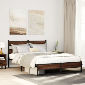 Bed Frame Brown oak Steel, Engineered wood Double Bed F...
