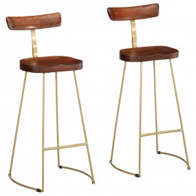 Bar Stool Set of 2 Brown and Gold Solid Mango Wood, Iro...