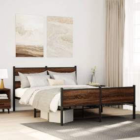 Bed Frame Brown Oak Steel, Engineered Wood 55.1x78.7 in...