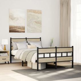 Bed Frame Sonoma Oak, Black Iron, Engineered wood Small...