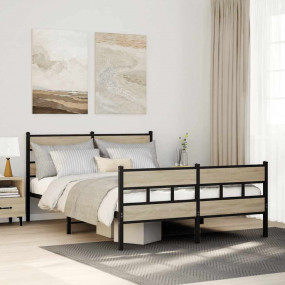 Bed Frame Black, Sonoma oak Iron, Engineered wood Doubl...