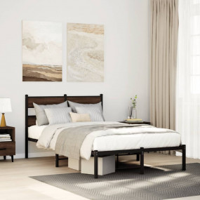 Bed Frame Brown Oak Steel, Engineered Wood Full Bed Fra...