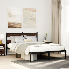 Bed Frame Brown Oak Steel, Engineered Wood Full Bed Fra...