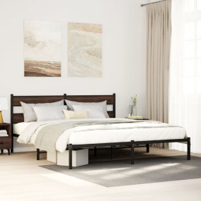 Bed Frame Brown Oak Steel, Engineered Wood Full Bed Fra...