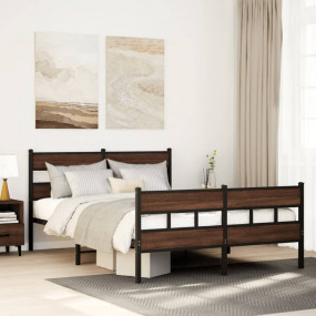 Bed Frame Brown Oak Steel, Engineered Wood Full Height-...
