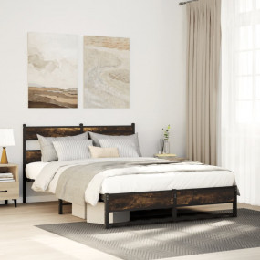 Bed Frame Smoked oak Steel, Engineered Wood Double Bed ...
