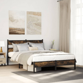 Bed Frame Smoked Oak Steel, Engineered Wood Twin Bed Fr...