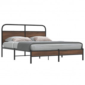 Bed Frame Brown Oak Steel, Engineered Wood Full Bed Fra...