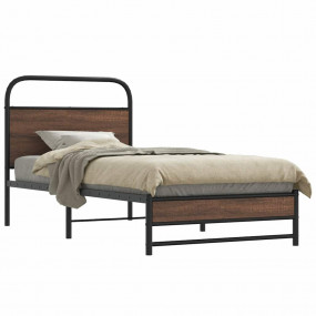 Bed Frame Brown Oak Steel, Engineered Wood Single Bed F...