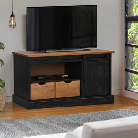 TV Cabinet Black Solid pine wood, metal 43.3 x 15.7 x 2...
