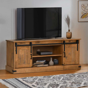 TV Cabinet Honey Brown Solid Pine Wood, Metal Medium TV...