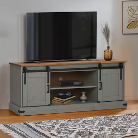 TV Cabinet Gray Solid Pine Wood, Metal Medium TV Cabine...