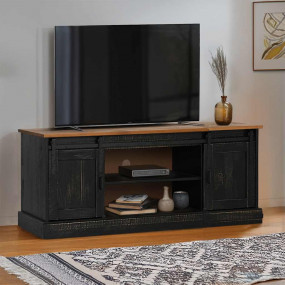 TV Cabinet Black Solid Pine Wood and Metal Large