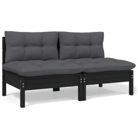 2-seater Garden Sofa Set of 2 Black Solid Pine Wood Med...