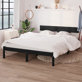 Bed Frame Black Solid pinewood Double Bed Durable Bed F...
