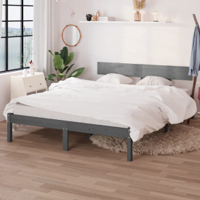 Bed Frame Grey Solid pine wood 63 x 79 in Minimalist Be...