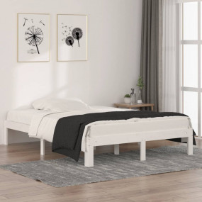 Bed Frame White Solid pine wood 53 x 74.8 in, Double Mi...
